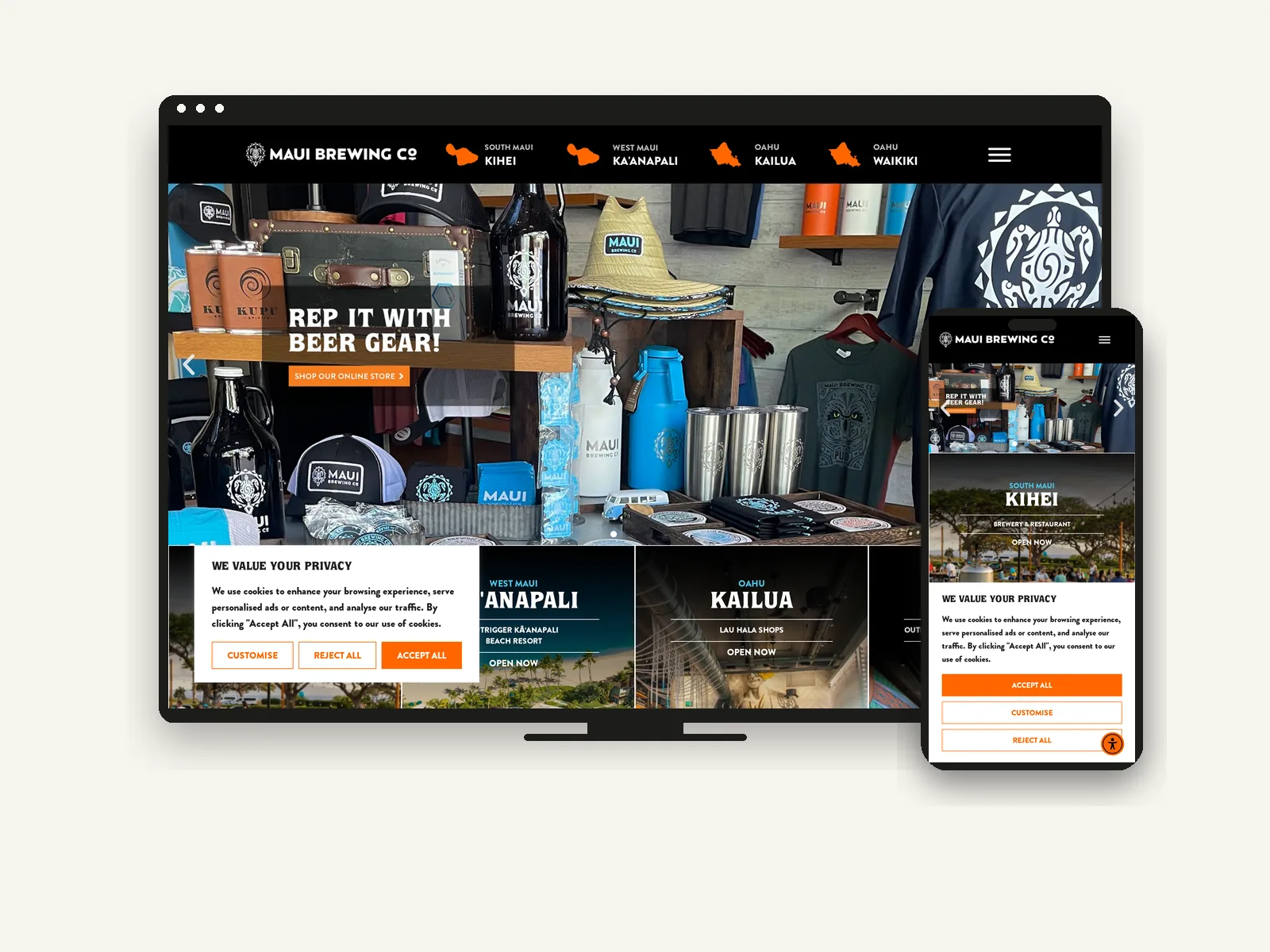 Maui Brewing Co. website on desktop and mobile