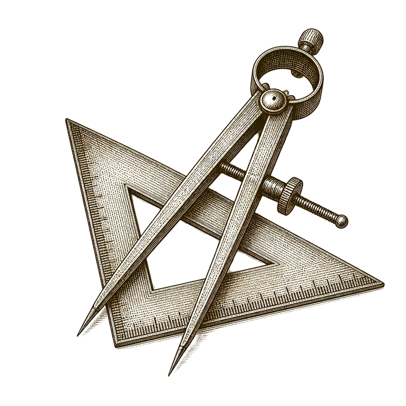 Engraving-style illustration of a drafting compass and ruler