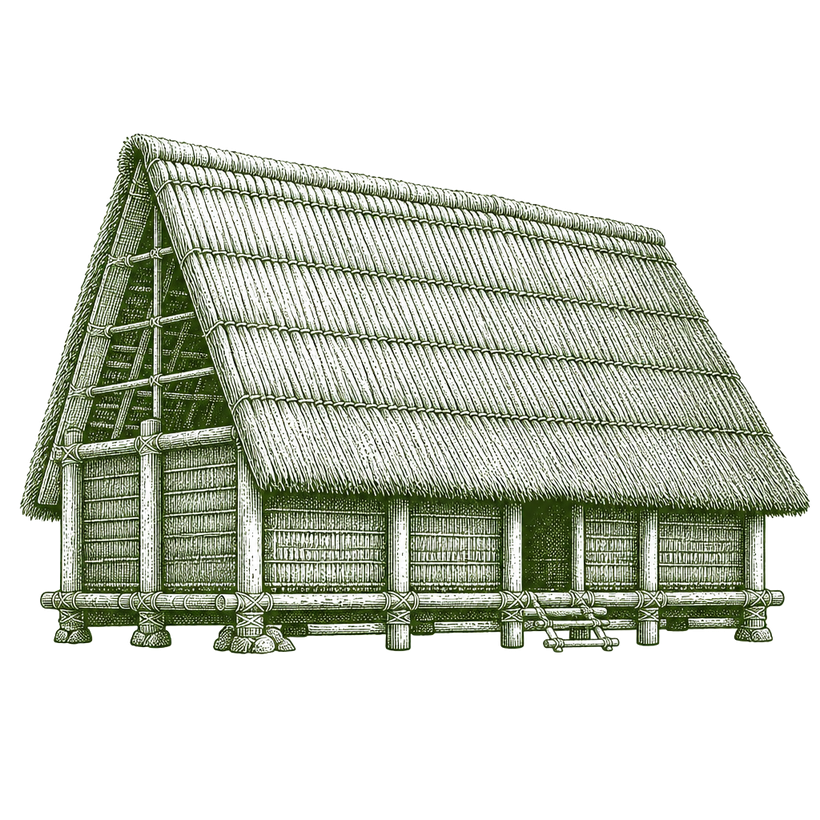 Engraving-style illustration of a traditional Hawaiian thatched hale
