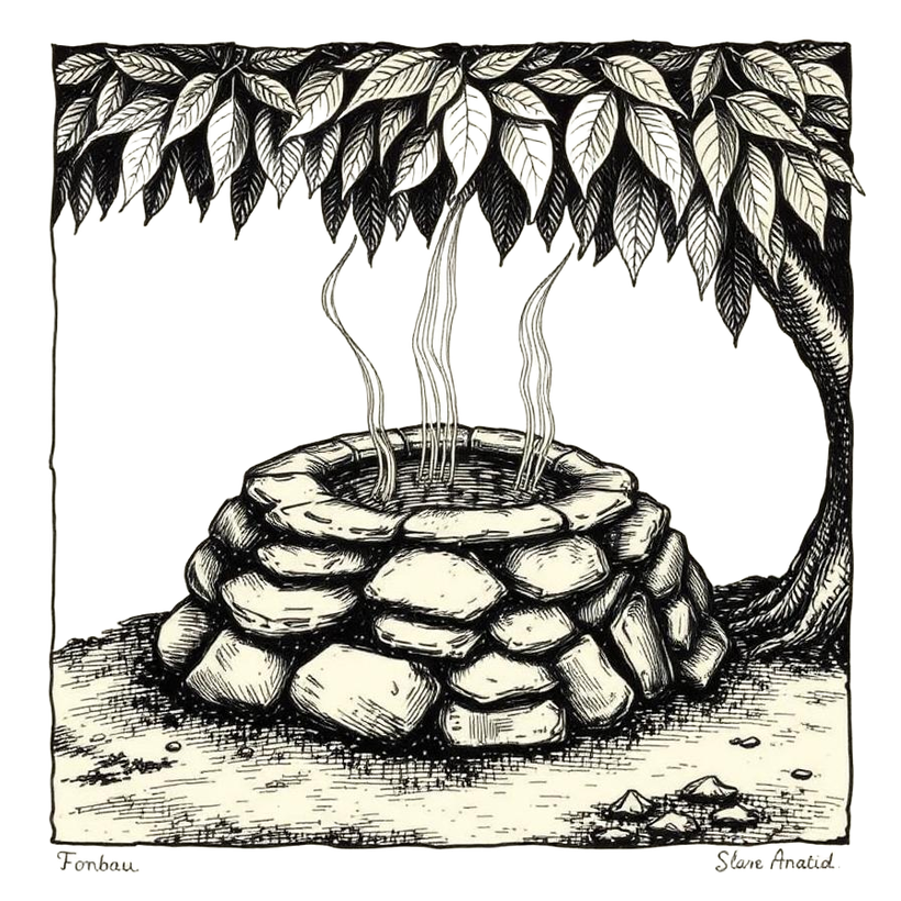 Engraving-style illustration of an imu, a Hawaiian underground earth oven