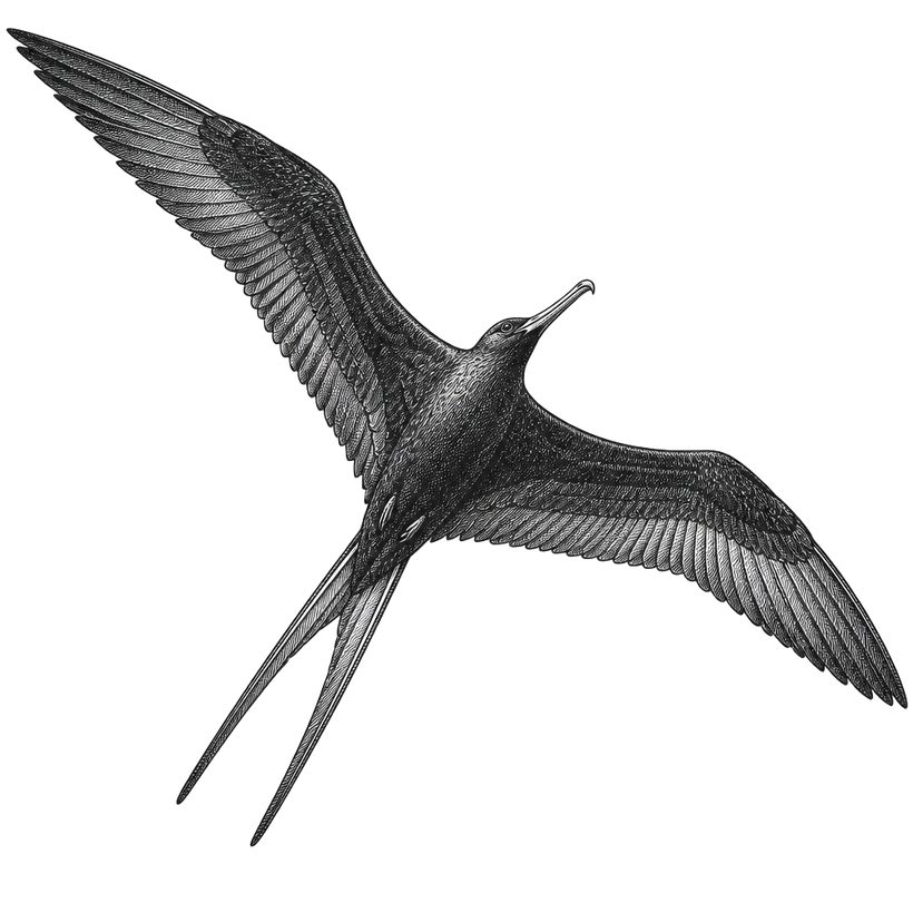 Engraving-style illustration of an ʻiwa, the great frigatebird