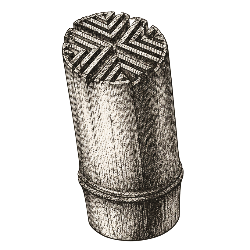 Engraving-style illustration of ʻohe kāpala, carved bamboo printing stamps