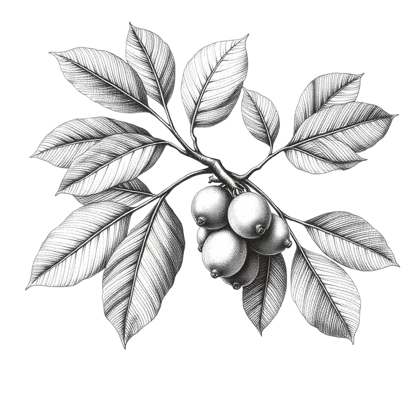 Engraving-style illustration of kukui nuts and leaves