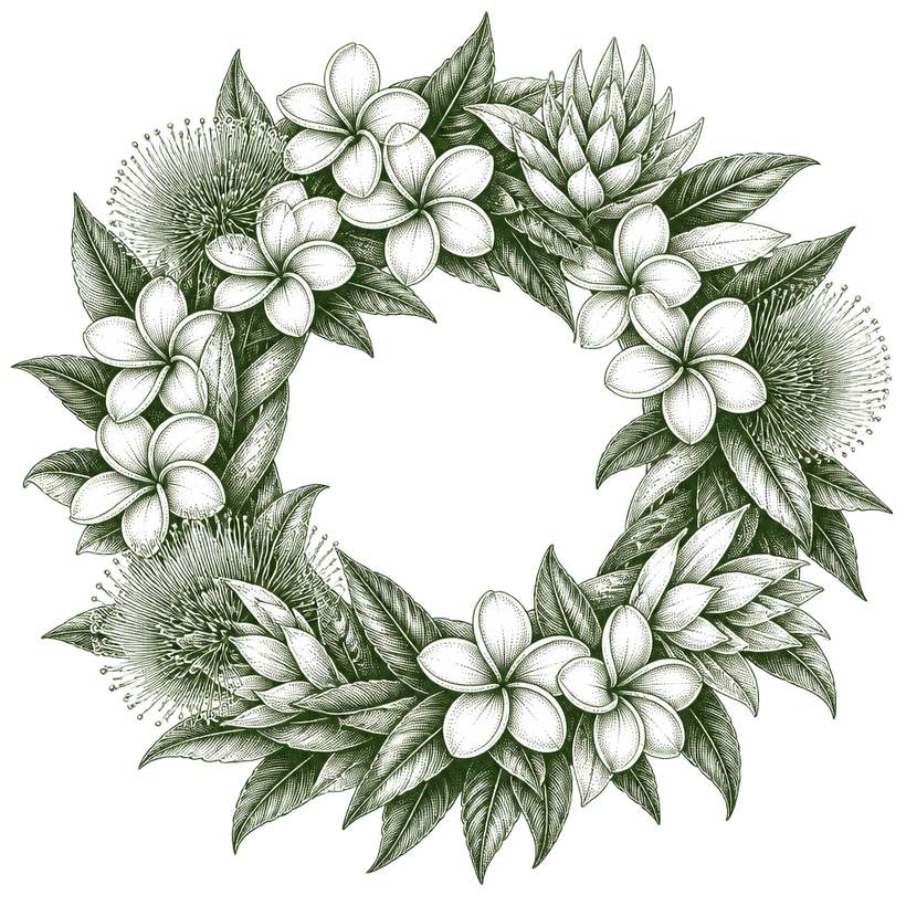 Engraving-style illustration of a flower lei