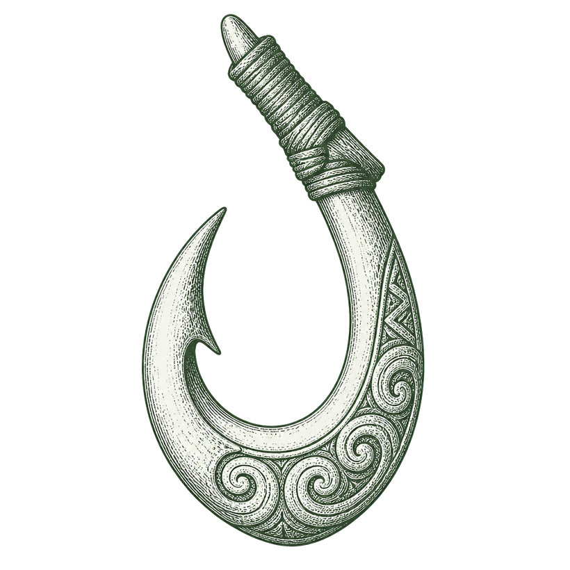 Stippled engraving of a makau, the traditional Hawaiian fishhook