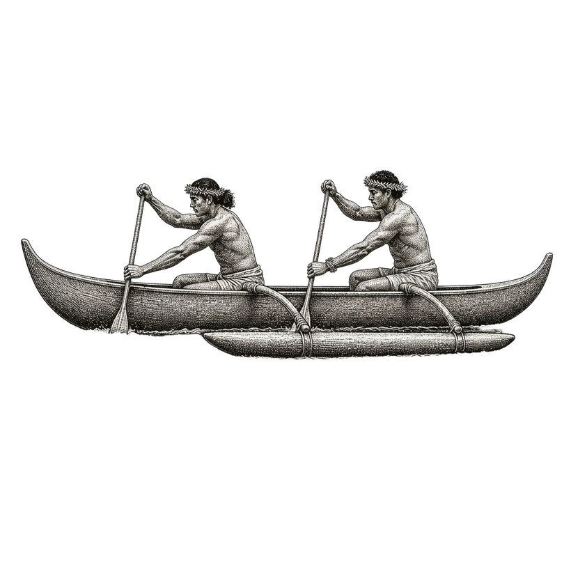 Engraving-style illustration of a waʻa, a Hawaiian outrigger canoe