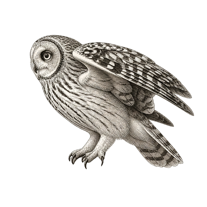 Engraving-style illustration of a pueo, the Hawaiian short-eared owl