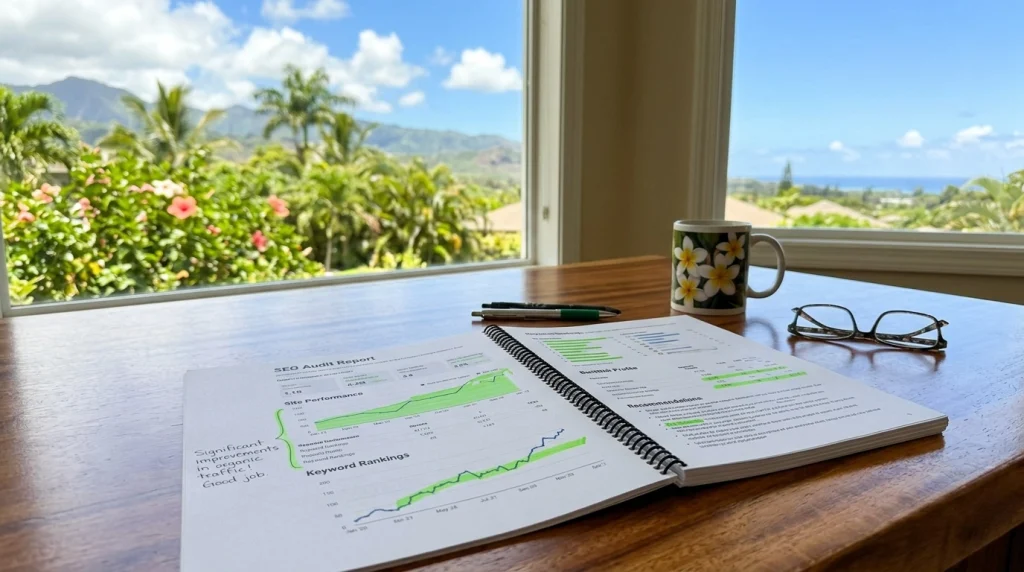 hawaii business owner reviewing seo audit report webmaster services hawaii